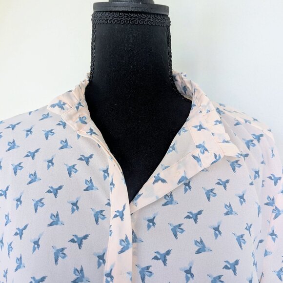 LOFT Large Petite Light Pink Blue Bird Print Button-Up Ruffle Collar Blouse - Picture 4 of 6